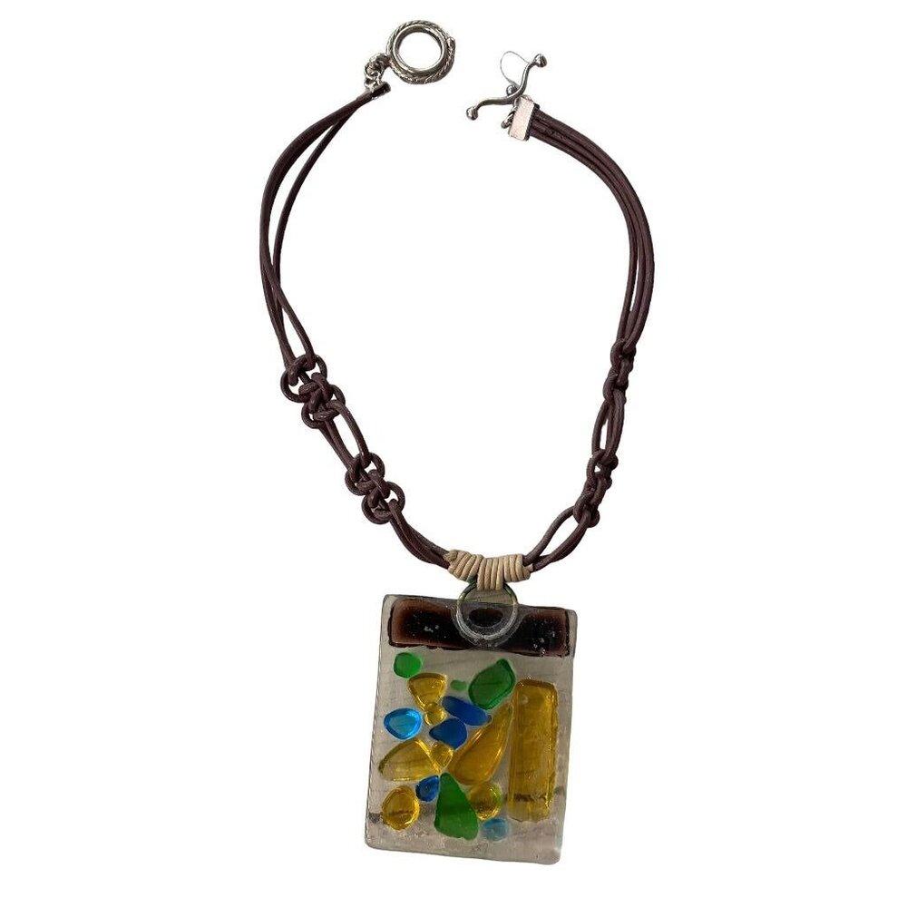 Art Glass Pendant Statement Necklace Mulitcolor 14" Toggle Clasp 2.2"h - Picture 11 of 16